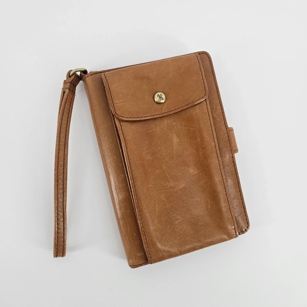 Hobo Leather Wristlet Cell Phone Wallet Tan Brown Zip Travel Organizer Classic